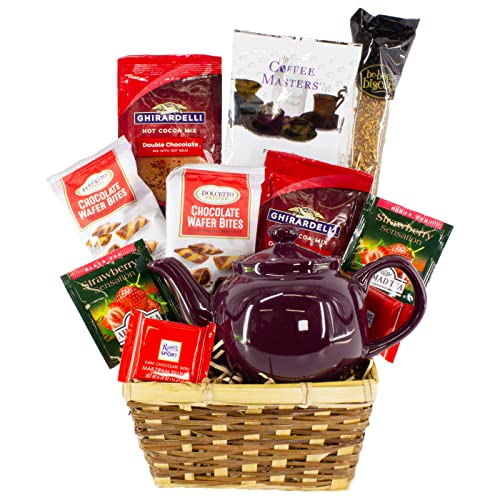 Tea & Treats Basket Gourmet Basket Featuring A Ceramic Tea Pot