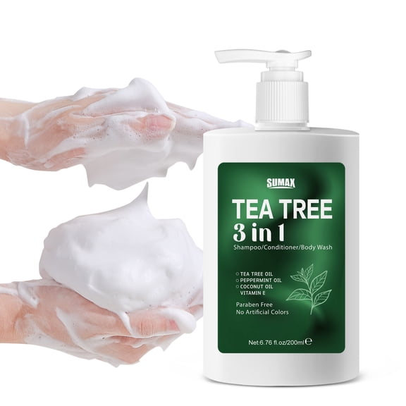 sumax 200ml White Bottle Tea Tree 3-in-1 Hair & Body Wash - Purifying Cleanser for Scalp, Face & Skin with Antifungal Properties