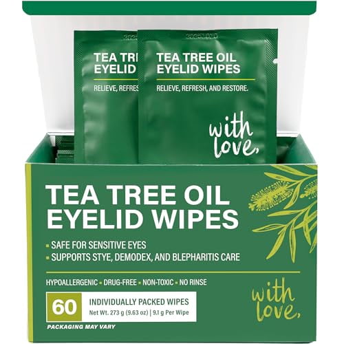 Tea Tree Eyelid Wipes (60 Pack) Individually Wrapped Wipes, Gentle Eyelid & Lash Cleansing Wipes with Tea Tree Oil, Chamomile, Aloe & Hyaluronic Acid for Daily Eye Care, Makeup & Oil Removal