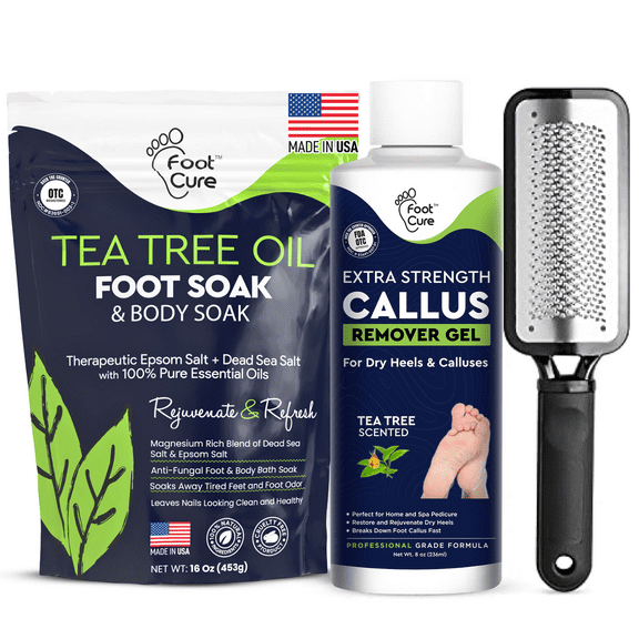 Foot Cure Tea Tree Foot Soak & Callus Remover Gel Kit - Remove Calluses with Epsom Salts, Callus Remover Gel for Calluses with Foot Exfoliator, Dry Cracked Heels & Foot Odor