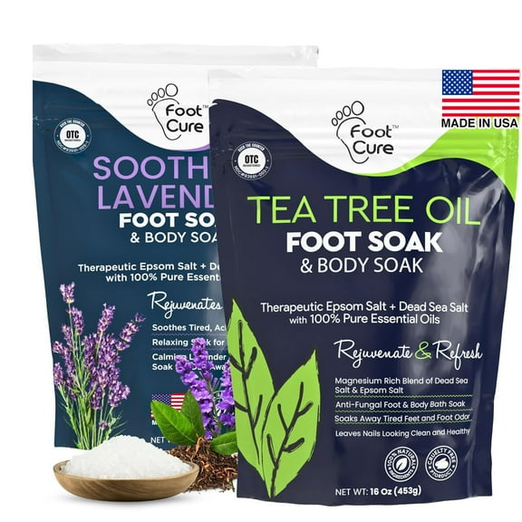 Foot Cure Tea Tree Oil & Soothing Lavender Foot Soak with Epsom Salt - Best Toenail Treatment & Softens Calluses, Soothes Sore Tired feet - 16oz
