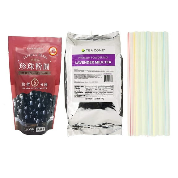 Tea Zone Lavender Milk Tea Bubble Tea DIY Kit with WuFuYuan Black Boba Tapioca Pearl and 10 Boba Individually Wrapped Straws