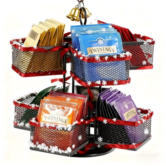 Tea bag organizer with a 360-degree rotating carousel design, featuring an 8-compartment display rack with a lazy Susan platform, suitable for kitchens, home offices, and coffee bar counters - Black.