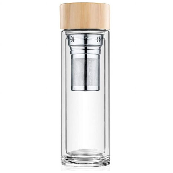 DSHTea bottle with strainer 450 ml, double-walled tea maker glass, insulated, tea glass bottle, tea bottle drinking bottle, thermos bottle glass, tea mug to go, teapot glass with bamboo lid