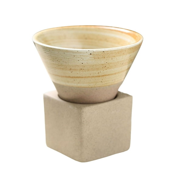 Tea brewing cups around a stove, Japanese coarse earthenware tea cups, ceramic mugs, vintage water cups, conical coffee cups. Color classification: small funnel cup - earthy yellow.