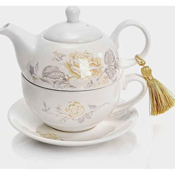 Tea for One Set with Porcelain Floral Teapot Cup Saucer 15 Ounces, White