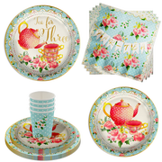 Tea for Three 3rd Birthday Party Supplies 64 Piece Tableware Set Includes Large 9 Paper Plates Dessert Plates, Cups and Napkins Kit for 16