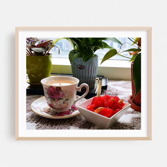 Tea in a Teacup & Saucer - Photography Kitchen Decor Floral Breakfast Fruit Garden Café Oak Framed Wall Art Print 9 x 12 inches
