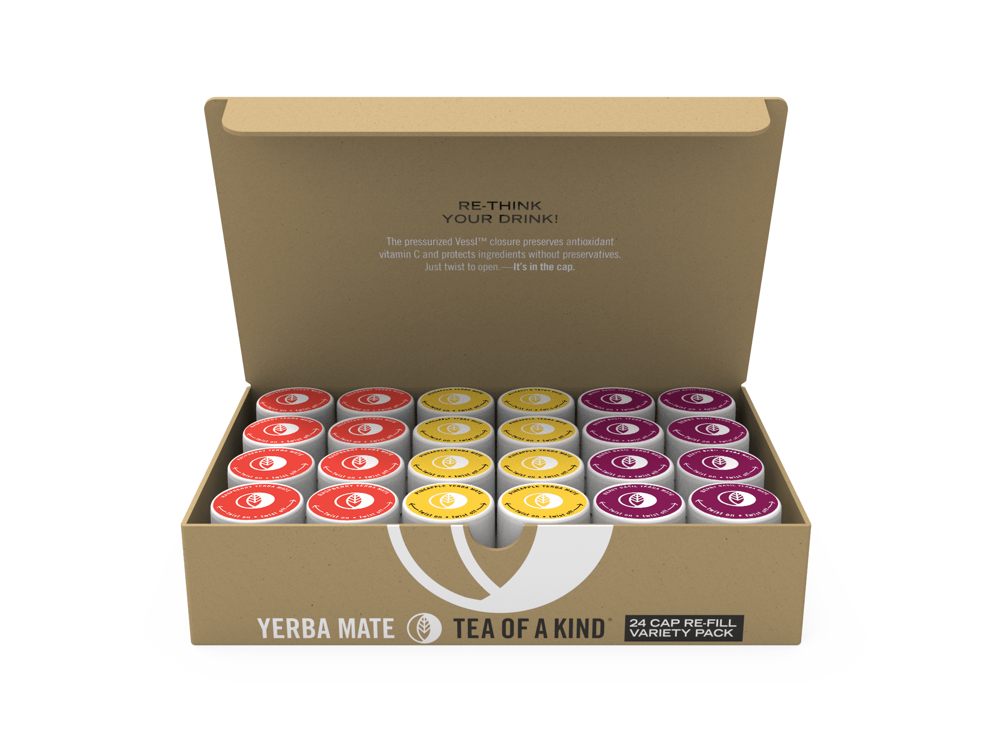 Tea of a Kind Drink Mix - 24 Caps Variety Pack - For TOAK® Reusable Bottle (Yerba Mate Variety Pack) Raspberry, Pineapple Coconut, Berry Basil