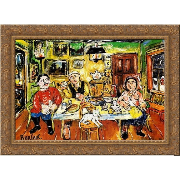 Tea time with a White Cat 24x18 Gold Ornate Wood Framed Canvas Art by David Burliuk