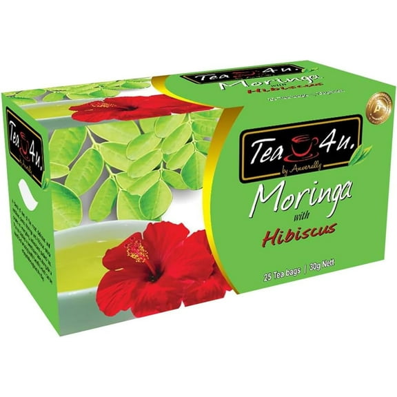 Tea4U Moringa Oleifera Flavored Energy Tea (Hibiscus) - 25 Count Sealed Tea Bags