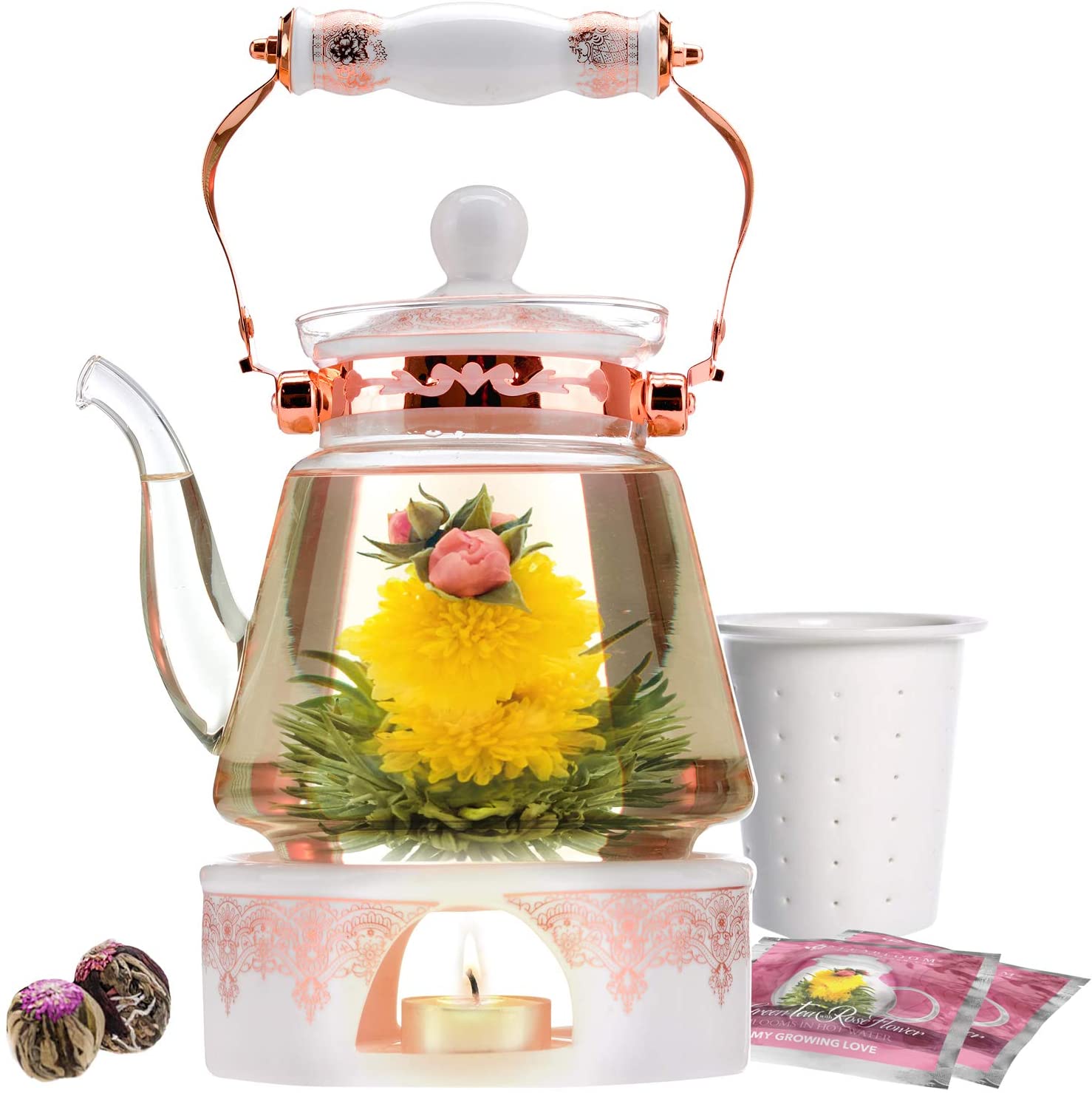 Teabloom Buckingham Palace Teapot & Flowering Tea Gift Set (6 Pieces) - Stovetop Safe Glass Teapot (40 OZ / 1.2 L / 4-5 CUPS), Porcelain Lid, Tea Warmer... - image 1 of 6