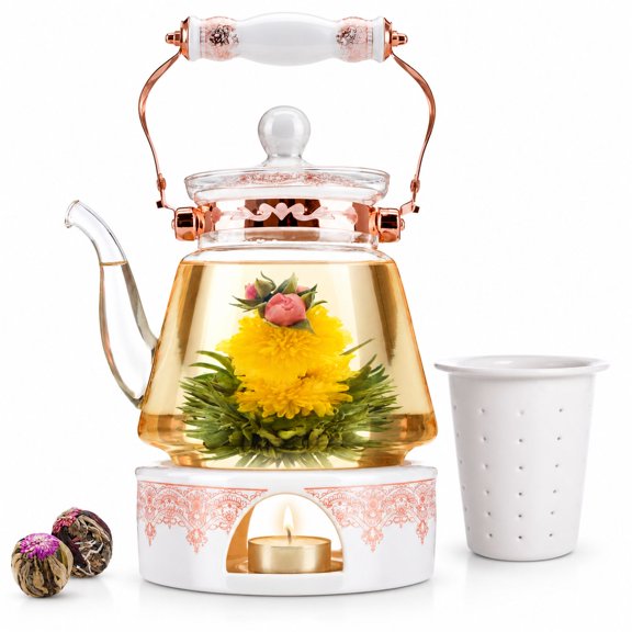 Teabloom Buckingham Palace Teapot & Flowering Tea Gift Set (6 Pieces) - Stovetop Safe Glass Teapot (40 OZ / 1.2 L / 4-5 CUPS), Porcelain Lid, Tea Warmer, Loose Tea Infuser, 2 Gourmet Rose Tea Flowers