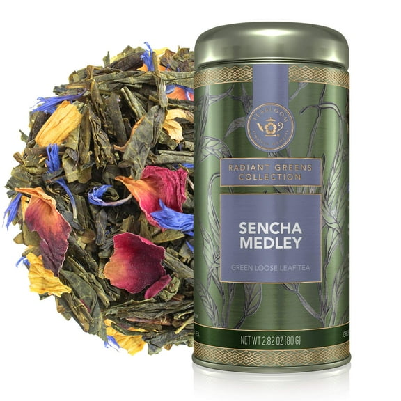 Teabloom Green Tea, Sencha Medley Loose Leaf Tea, Fresh and Floral, Purest Quality Green Tea Leaves Combined with Pretty Botanicals in Reusable Gift Canister, 2.82oz/80 g Canister Makes 35-50 Cups