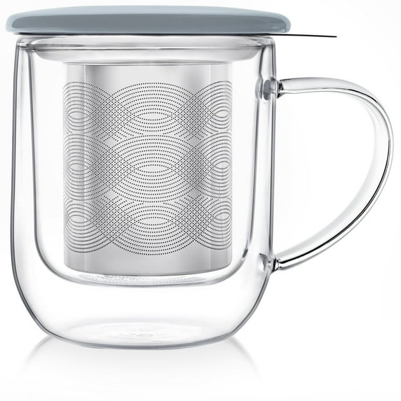 Teabloom RADIANCE® DOUBLE WALL GLASS MUG WITH INFUSER & LID/COASTER-Hazy Blue
