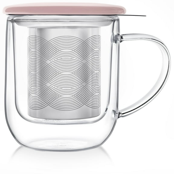 Teabloom RADIANCE® DOUBLE WALL GLASS MUG WITH INFUSER &amp;amp; LID/COASTER-Stone Rose