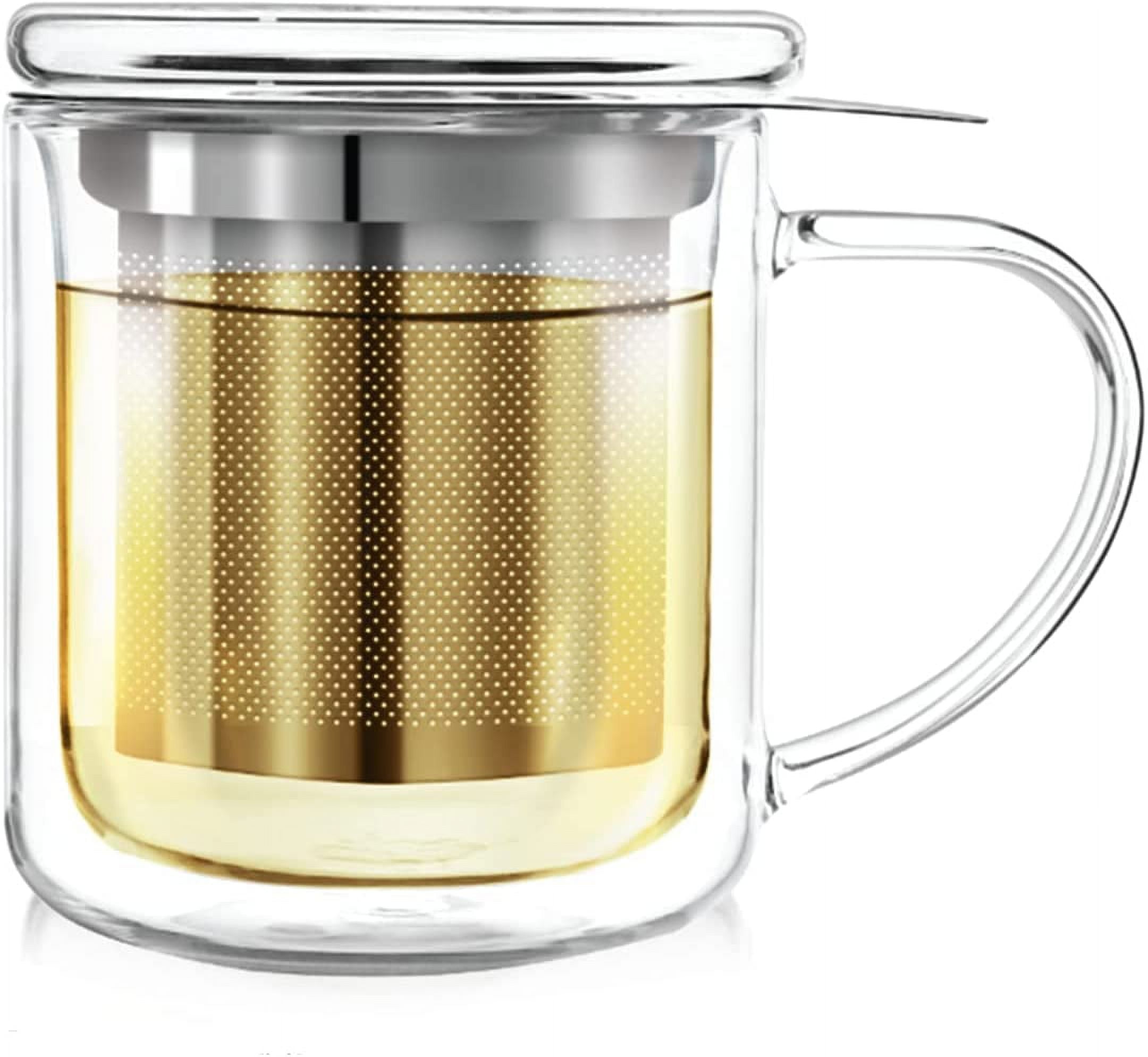 Double-Walled Glass Tea Mug with Stainless Steel Infuser and Lid