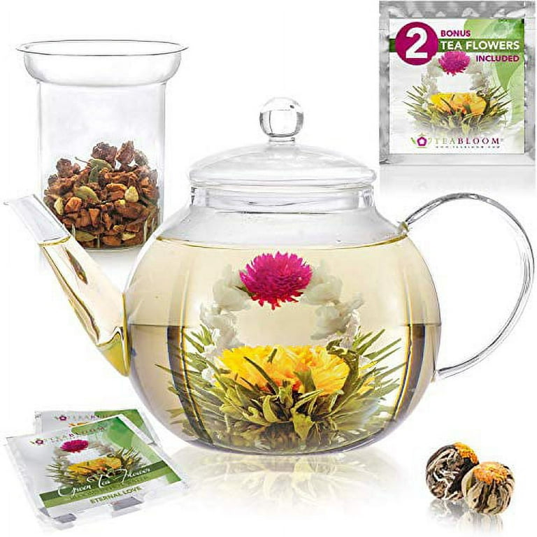 Teabloom Stovetop & Microwave Safe Teapot (40 oz) with Removable Loose Tea  Glass Infuser – Includes 2 Blooming Teas – 2-in-1 Tea Kettle and Tea Maker