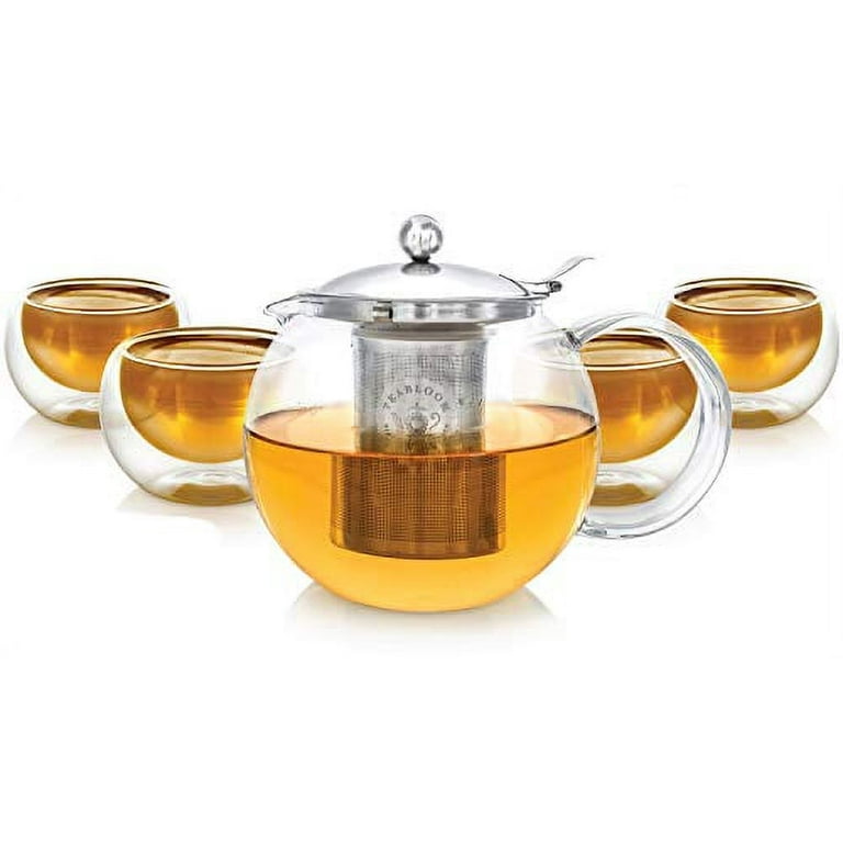 Teabloom Stovetop Safe Glass Teapot with Removable Infuser (40oz/1200ml)  and Four Double Walled Glass Cups (5oz/150ml) - Classica Tea Set 