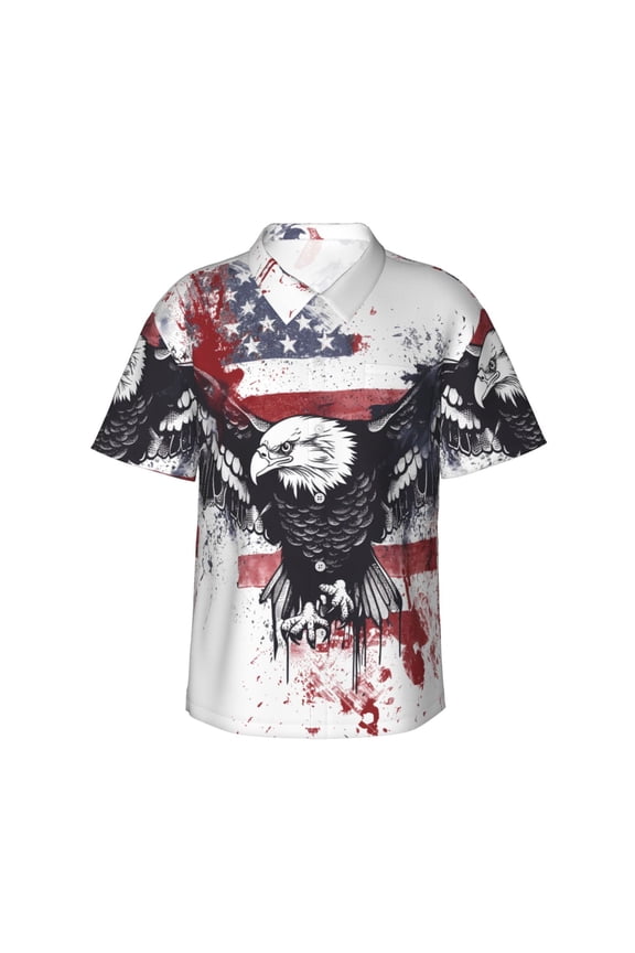 American Flag Eagle Art for Men's Short Sleeve Hawaiian Shirt, Button Down Shirt for Beach Vacation,Small