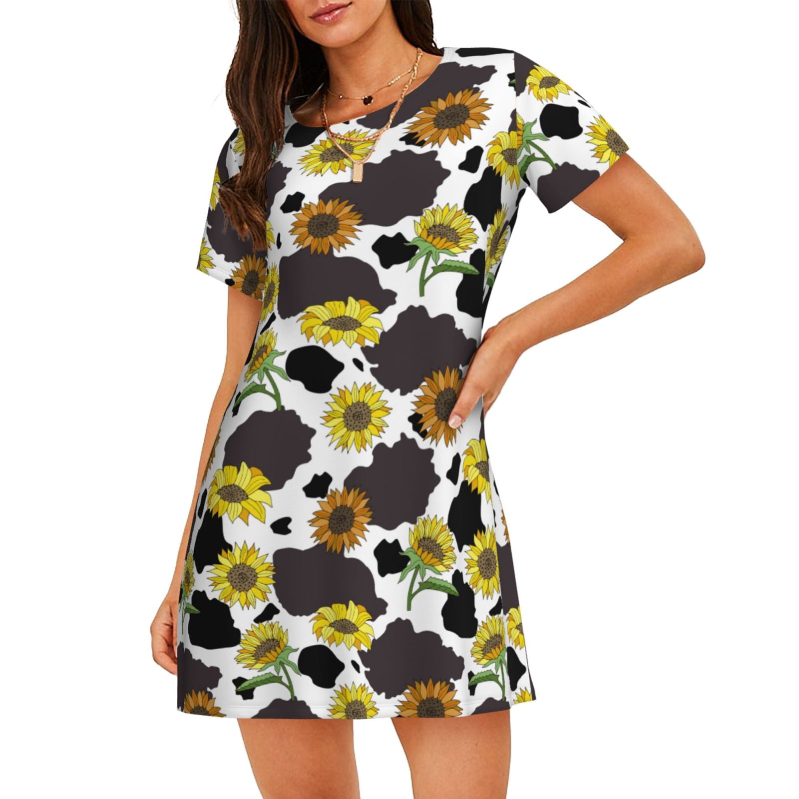 Teaboi Black Cow Sunflowers for Women's Summer Short Sleeve Nightgown ...