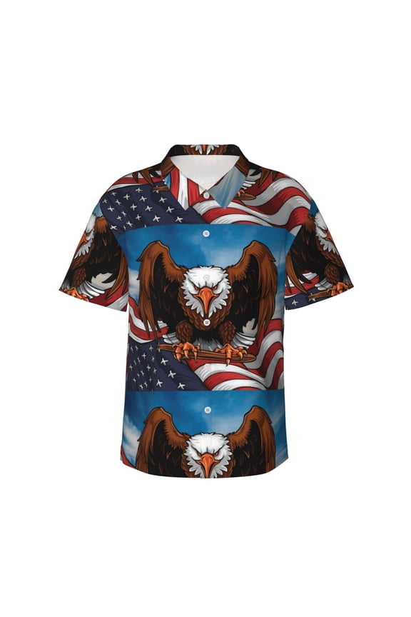Cartoon Bald Eagle USA for Men's Short Sleeve Hawaiian Shirt, Button Down Shirt for Beach Vacation,X-Large