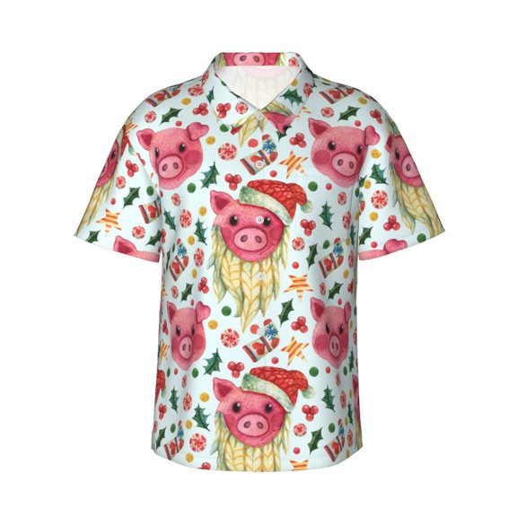 Teaboi Christmas Cute Pigs for Men's Short Sleeve Hawaiian Shirt, Button Down Shirt for Beach Vacation,Small