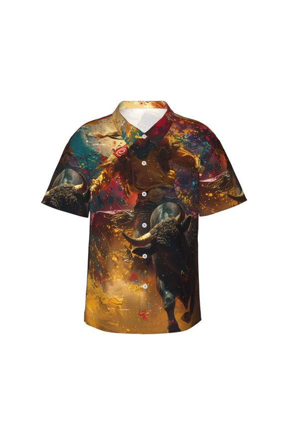 Colorful Bull Western Man for Men's Short Sleeve Hawaiian Shirt, Button Down Shirt for Beach Vacation,Large