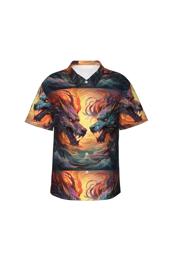 Colorful Wave Dragon Head for Men's Short Sleeve Hawaiian Shirt, Button Down Shirt for Beach Vacation,Small