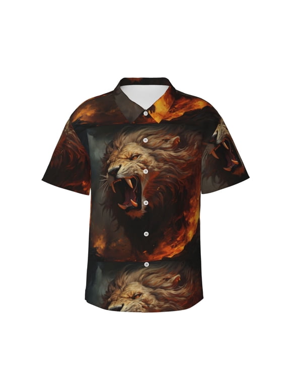 Cool Flame Lion A for Men's Short Sleeve Hawaiian Shirt, Button Down Shirt for Beach Vacation,Small