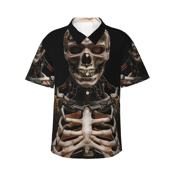 Teaboi Cyber Skeleton With Tattoos for Men's Short Sleeve Hawaiian Shirt, Button Down Shirt for Beach Vacation,Large