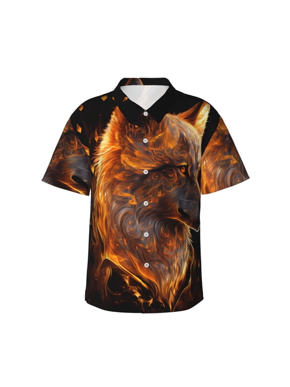 Gold Flame Pattern Wolf for Men's Short Sleeve Hawaiian Shirt, Button Down Shirt for Beach Vacation,Medium
