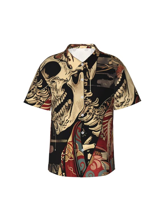 Gothic Eastern Floral Skull for Men's Short Sleeve Hawaiian Shirt, Button Down Shirt for Beach Vacation,XX-Large