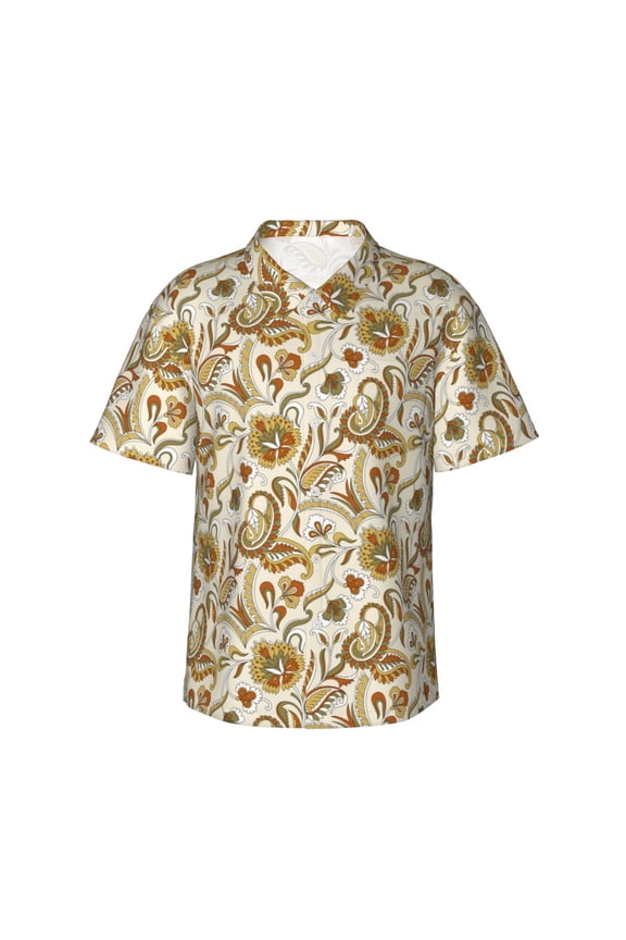 Indian Paisley for Men's Short Sleeve Hawaiian Shirt, Button Down Shirt for Beach Vacation,Small