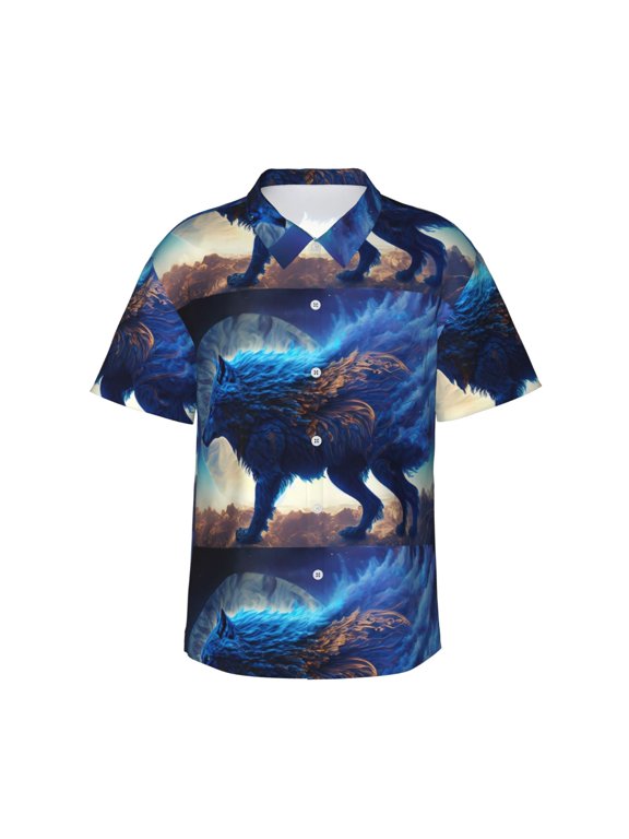 Moonlit Blue Wolf for Men's Short Sleeve Hawaiian Shirt, Button Down Shirt for Beach Vacation,XX-Large