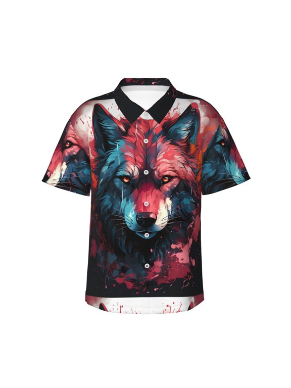 Red Flame Wolf Head for Men's Short Sleeve Hawaiian Shirt, Button Down Shirt for Beach Vacation,Large