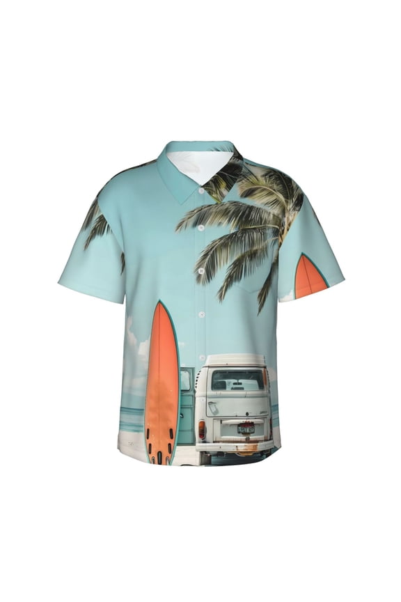Vintage Surf Van Beach for Men's Short Sleeve Hawaiian Shirt, Button Down Shirt for Beach Vacation,Small