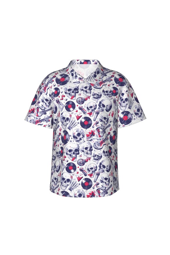 music Skull record mike for Men's Short Sleeve Hawaiian Shirt, Button Down Shirt for Beach Vacation,Medium