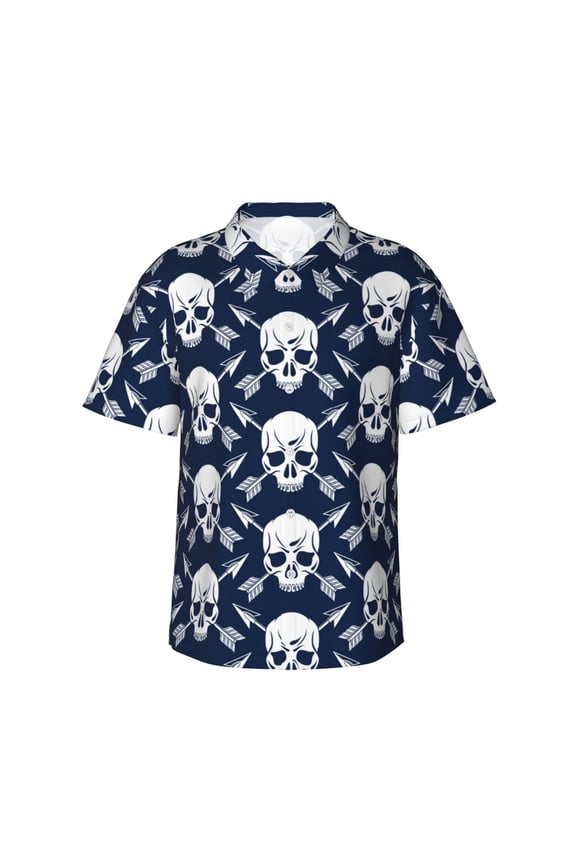 white arrow Skull for Men's Short Sleeve Hawaiian Shirt, Button Down Shirt for Beach Vacation,Large