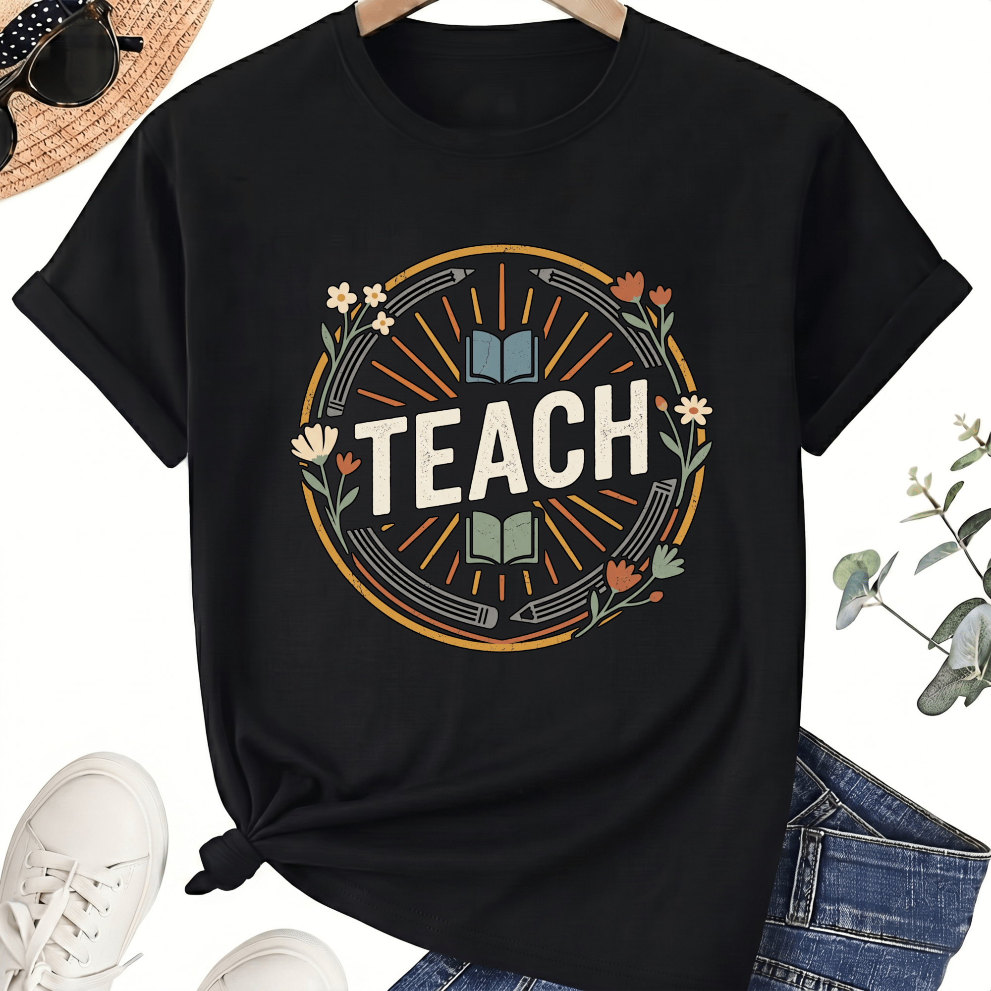 Teach Book Graphic T-Shirt for Teachers, 100% Cotton Unisex Crew Neck Short Sleeve