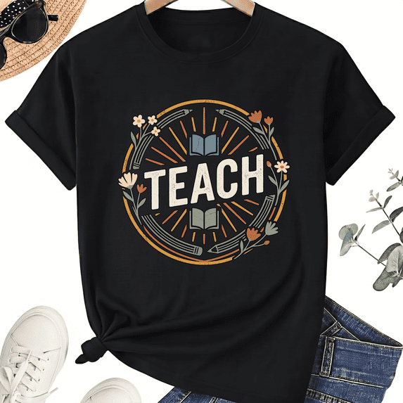 Teach Book Graphic T-Shirt for Teachers, 100% Cotton Unisex Crew Neck Short Sleeve