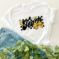 thumbnail image 1 of Teach Checkered Coquette Bow T-Shirt, White and Natural Retro Tee for Trendy Teachers, 1 of 8