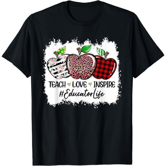 Teach Love Inspire Educator Life Apple Leopard Red Plain T-Shirt