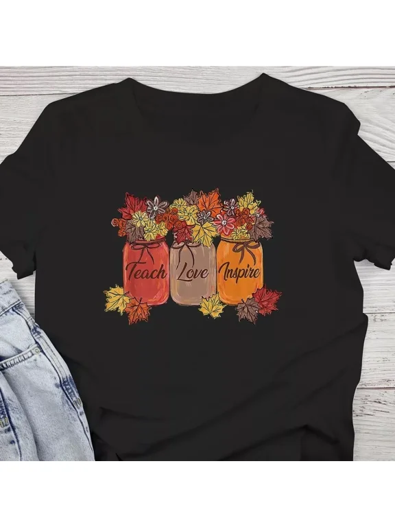 Teach Love Inspire Fall Teacher Thankful Floral Autumn Vibes T-shirt v