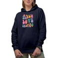 thumbnail image 1 of Teach, Love, Inspire with Flowers, School Teacher or Teaching Themed, Groovy Retro Wavy Text Merch Gift, Navy Blue Hooded Sweatshirt or Hoodie, Medium, 1 of 5