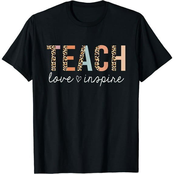 Teach Love Inspire Leopard Back to School Cute Teacher T-Shirt Black X-Large