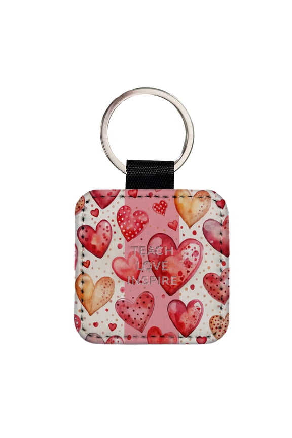 Teach Love Inspire Red Hearts Teacher Appreciation Faux Leather Square Keychain