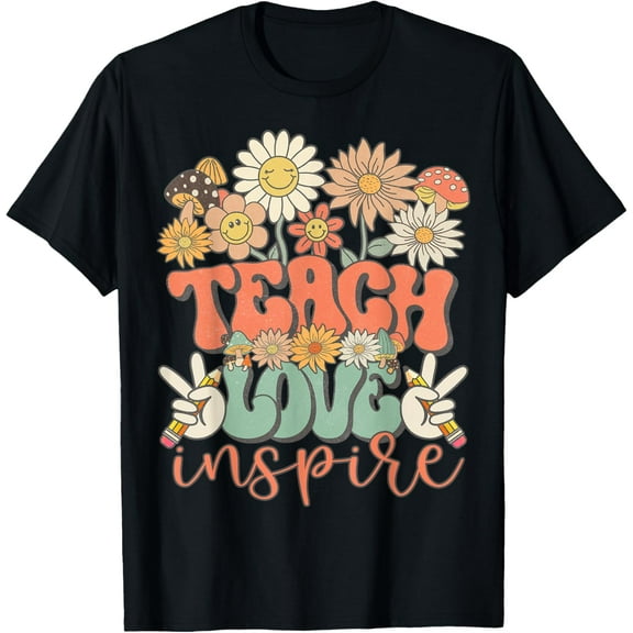 Teach Love Inspire Retro Groovy Daisy Back To School Teacher T-Shirt Tops Tee