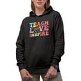 thumbnail image 1 of Teach, Love, Inspire, School Teacher or Teaching Themed, Groovy Retro Wavy Text Merch Gift, Black Hooded Sweatshirt or Hoodie, Large, 1 of 5