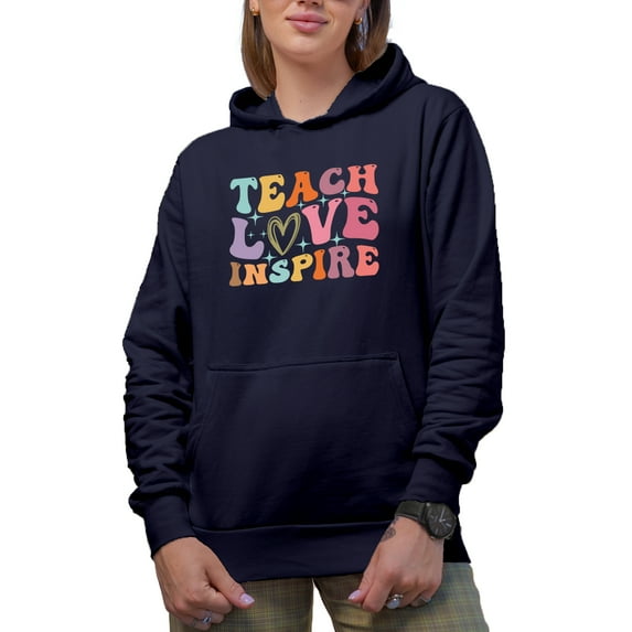 Teach, Love, Inspire, School Teacher or Teaching Themed, Groovy Retro Wavy Text Merch Gift, Navy Blue Hooded Sweatshirt or Hoodie, 2XL